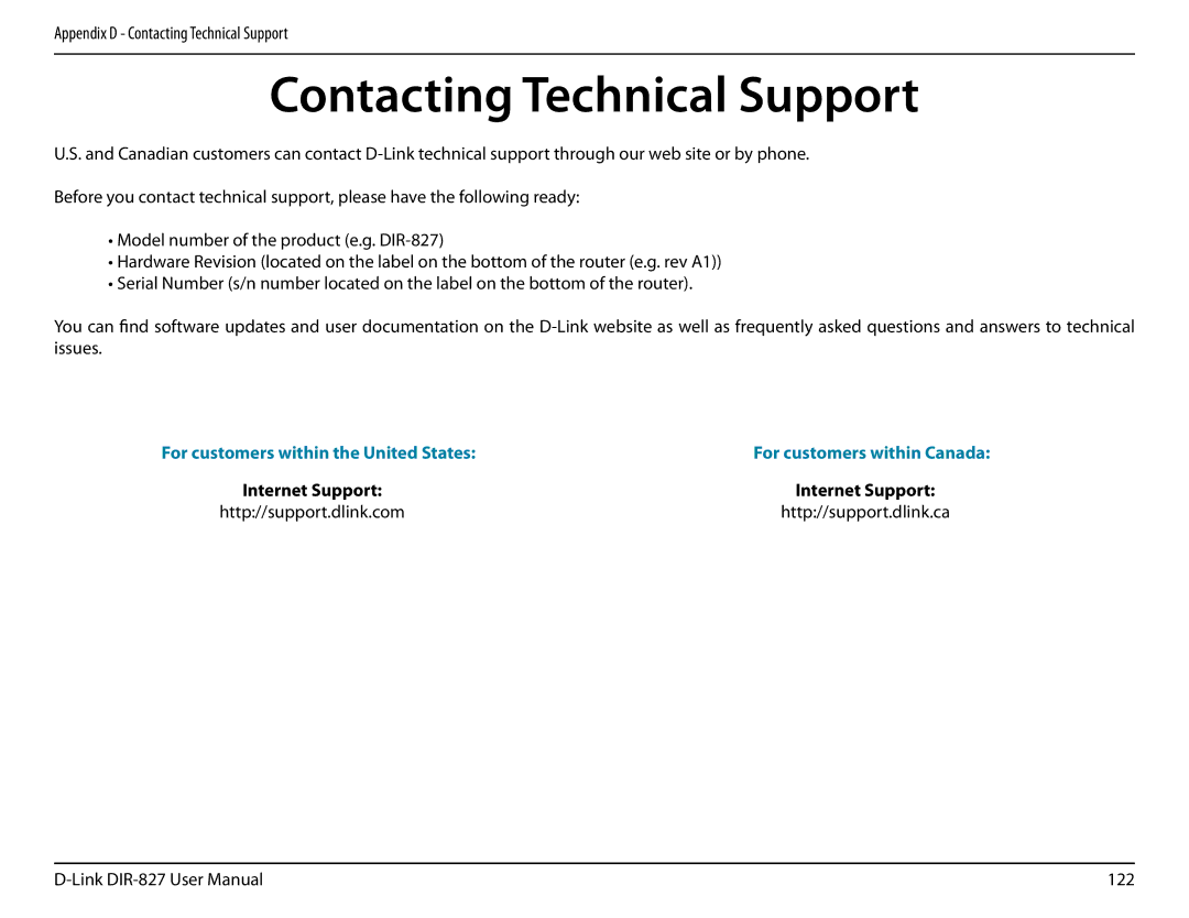 D-Link DIR-827 manual Contacting Technical Support, Http//support.dlink.com Http//support.dlink.ca 