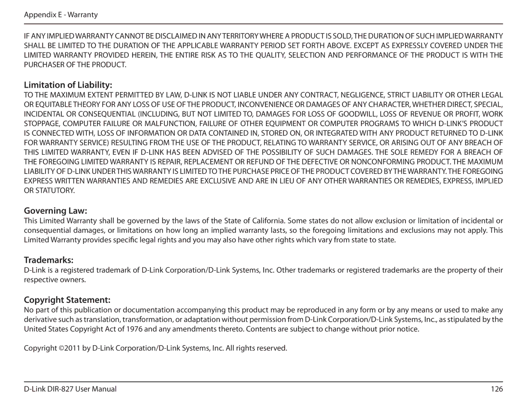 D-Link DIR-827 manual Limitation of Liability 