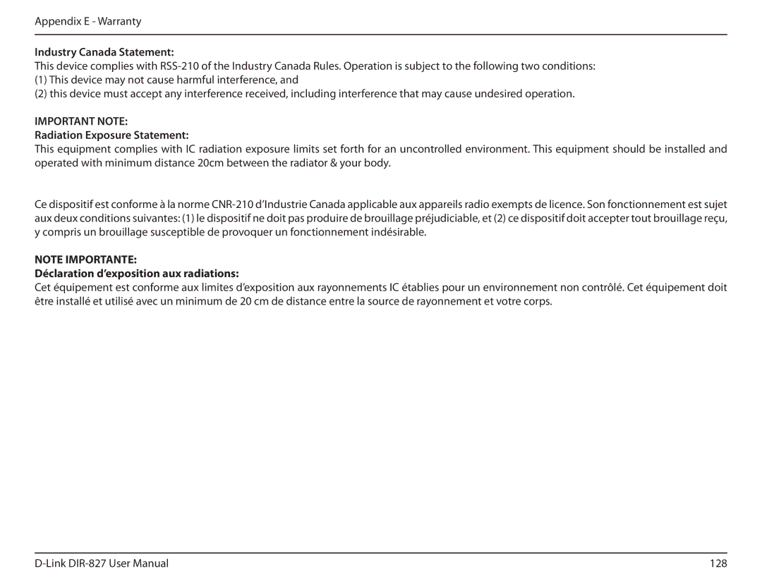 D-Link DIR-827 manual Industry Canada Statement, Radiation Exposure Statement, Déclaration d’exposition aux radiations 