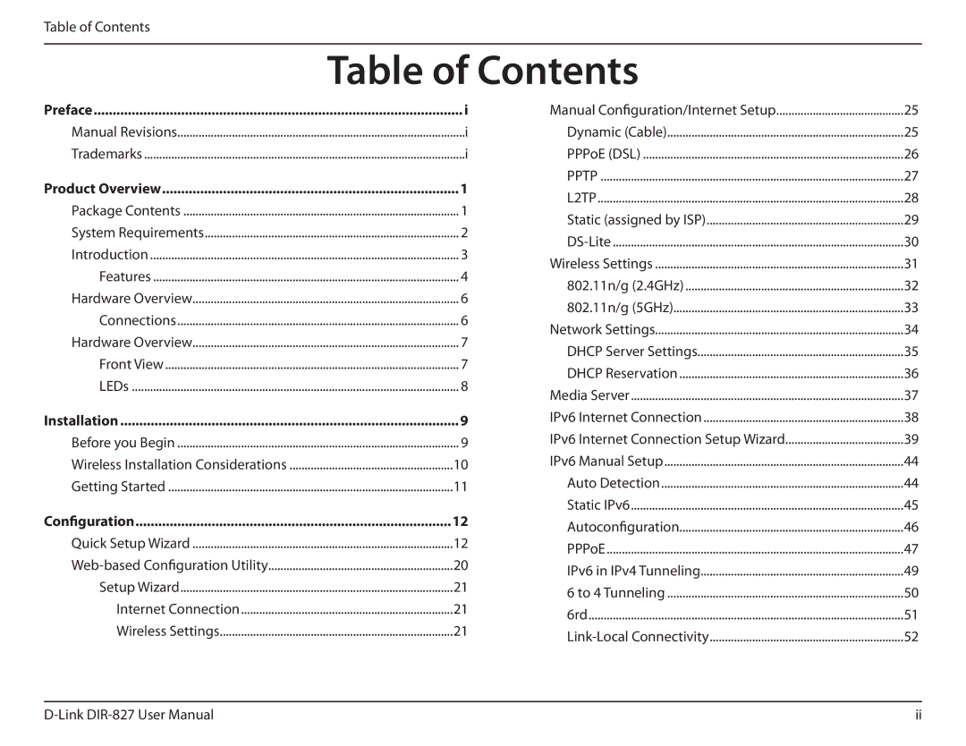 D-Link DIR-827 manual Table of Contents 