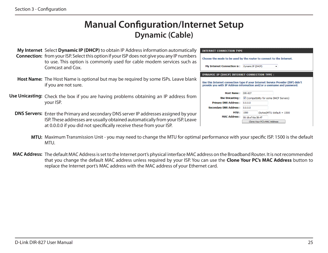 D-Link DIR-827 manual Manual Configuration/Internet Setup, Dynamic Cable 