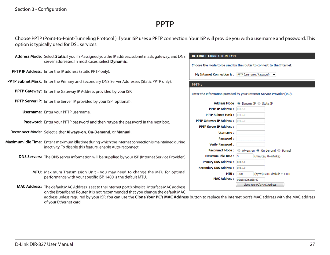 D-Link DIR-827 manual Pptp, Reconnect Mode Select either Always-on,On-Demand, or Manual 