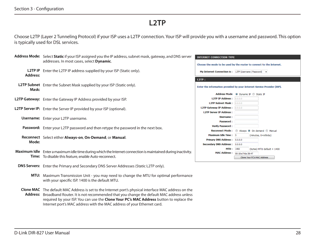 D-Link DIR-827 manual Address Mode, Username Password Reconnect Mode, DNS Servers, Clone MAC Address 