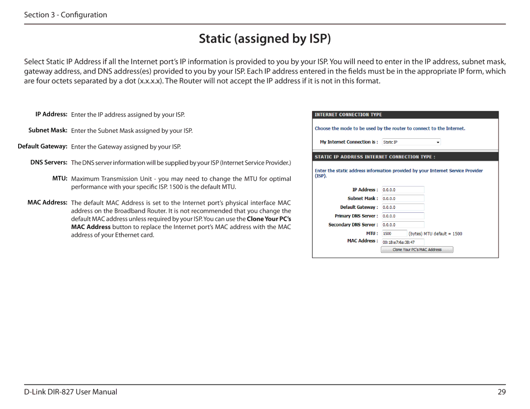 D-Link DIR-827 manual Static assigned by ISP, MAC Address 