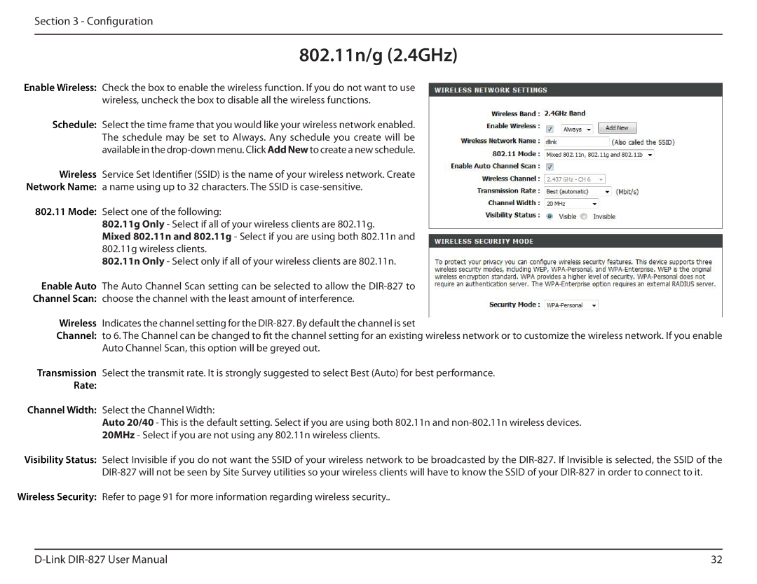 D-Link DIR-827 manual 802.11n/g 2.4GHz, Rate 