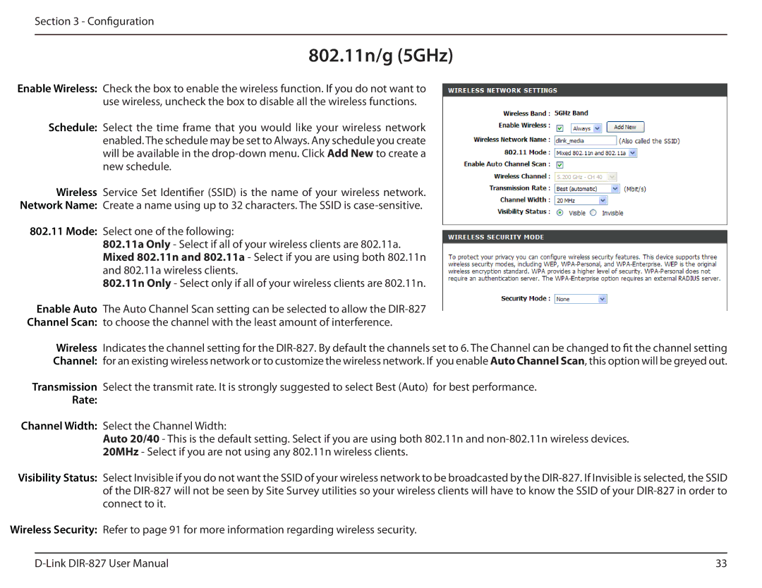 D-Link DIR-827 manual 802.11n/g 5GHz, Rate 