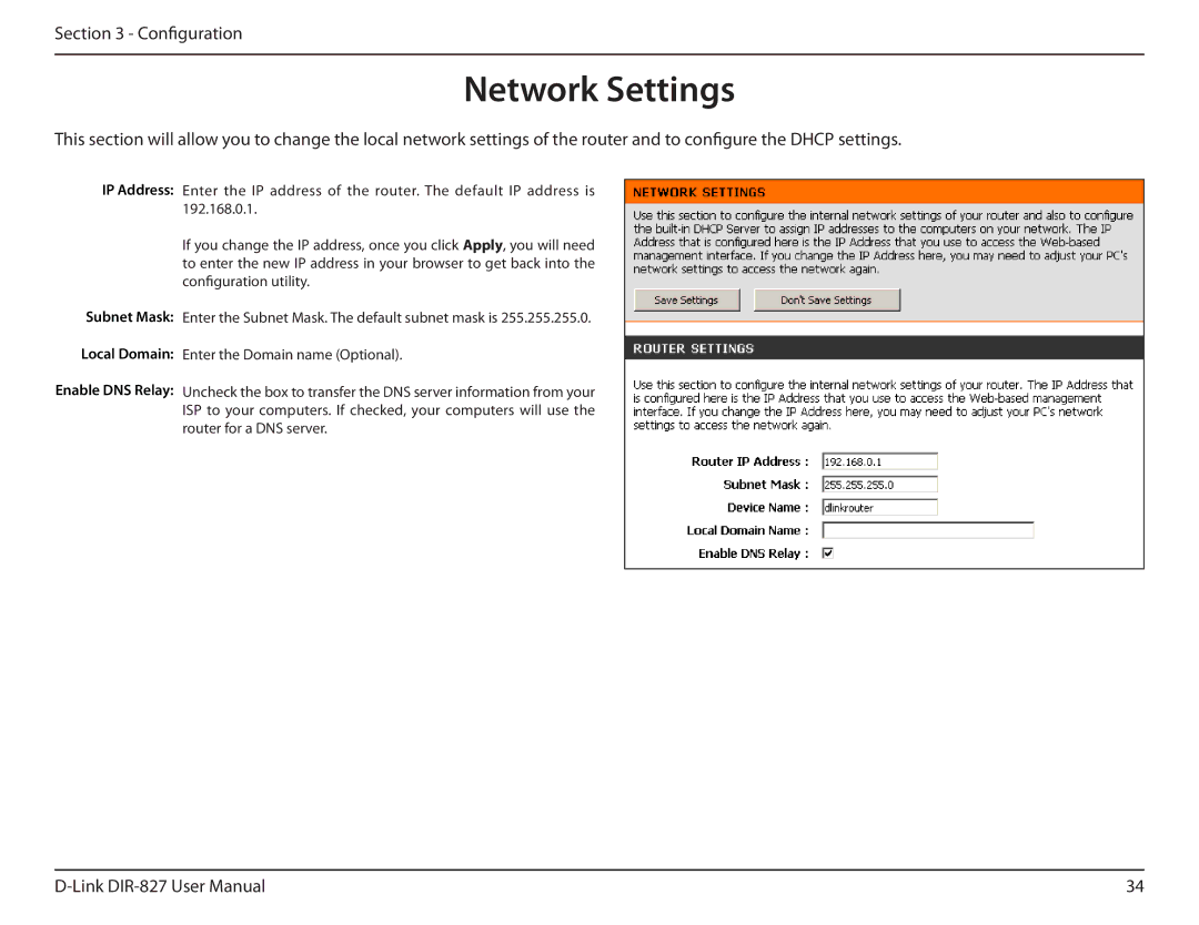 D-Link DIR-827 manual Network Settings, IP Address Subnet Mask 