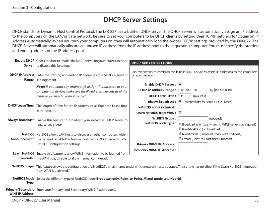 D-Link DIR-827 manual Dhcp Server Settings, NetBIOS Scope 