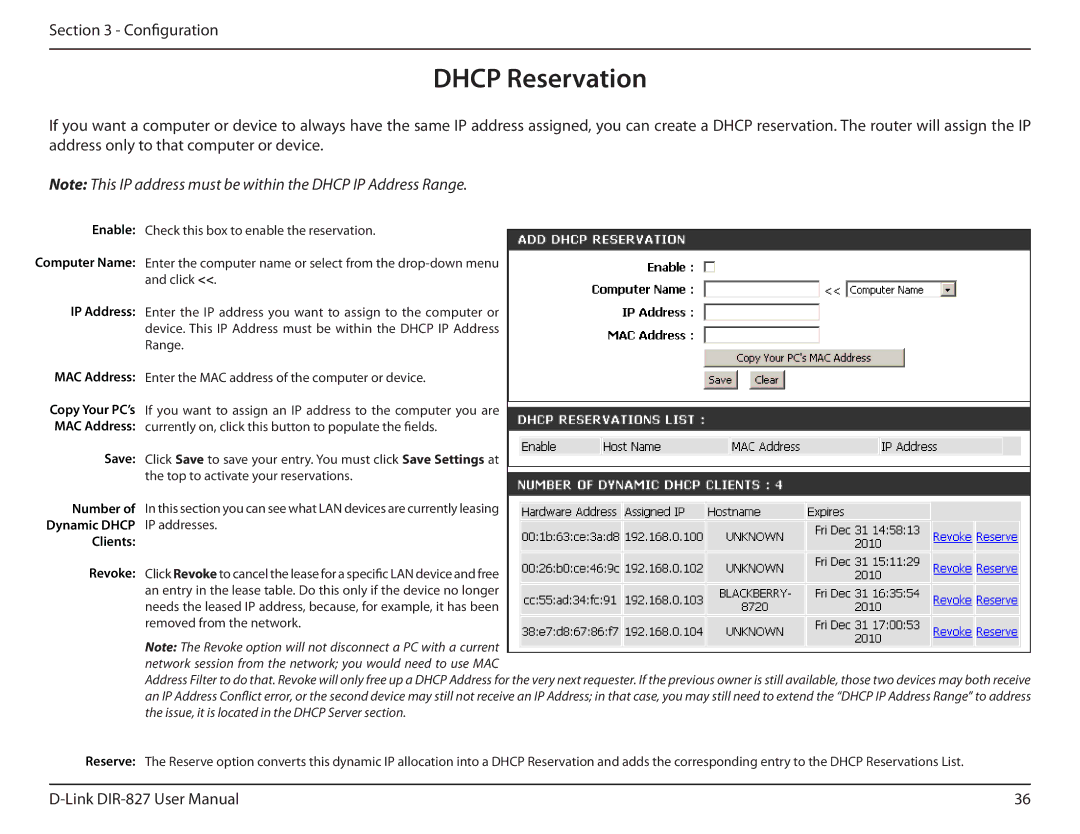 D-Link DIR-827 manual Dhcp Reservation, Dynamic Dhcp IP addresses Clients 