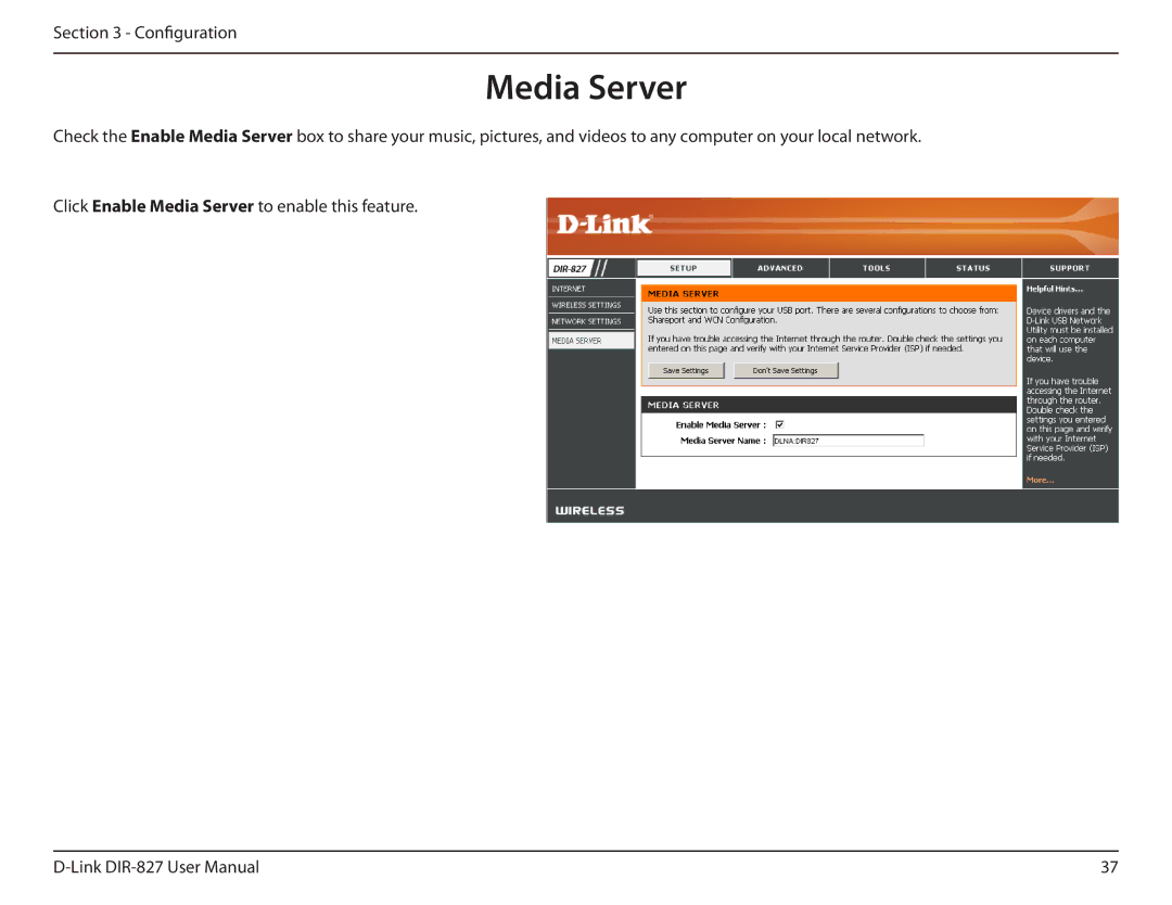 D-Link DIR-827 manual Media Server 