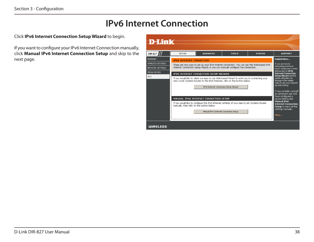 D-Link DIR-827 manual Click IPv6 Internet Connection Setup Wizard to begin 