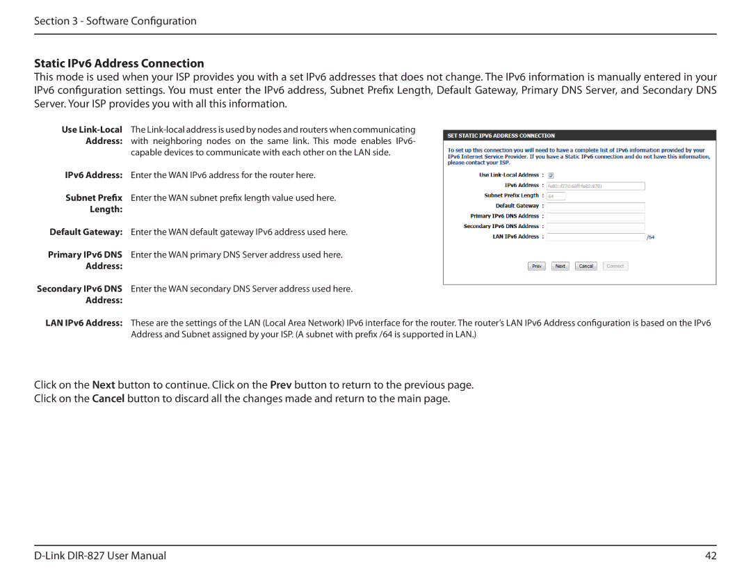 D-Link DIR-827 manual Static IPv6 Address Connection, Length 