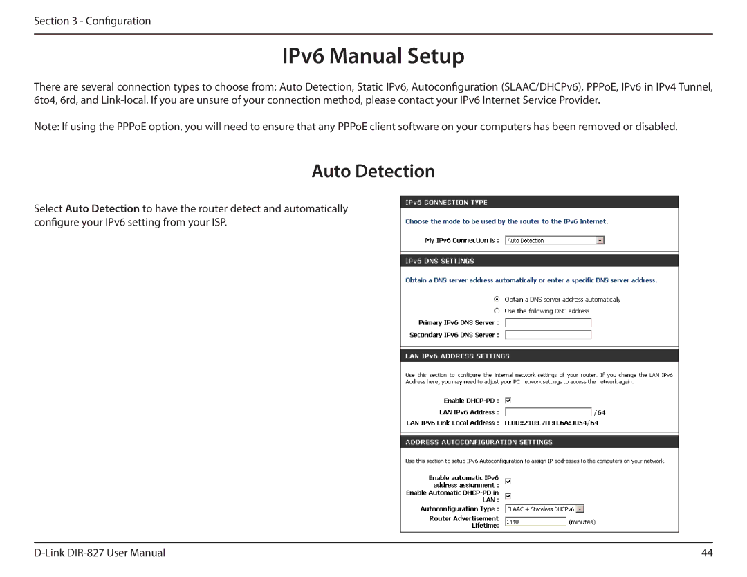 D-Link DIR-827 manual IPv6 Manual Setup, Auto Detection 