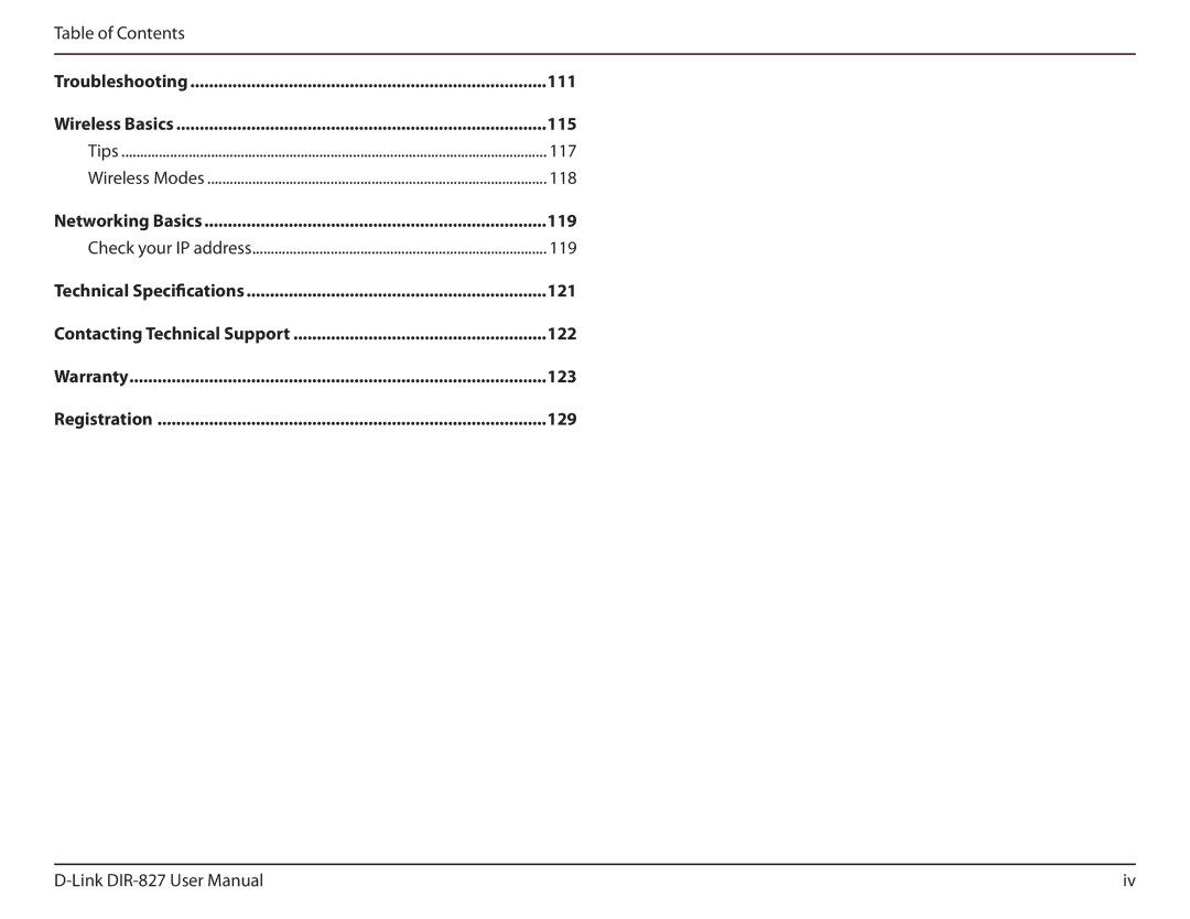 D-Link DIR-827 manual Troubleshooting 111, 115, 117, 118, 119, 121, 122, Warranty 123 Registration 129 