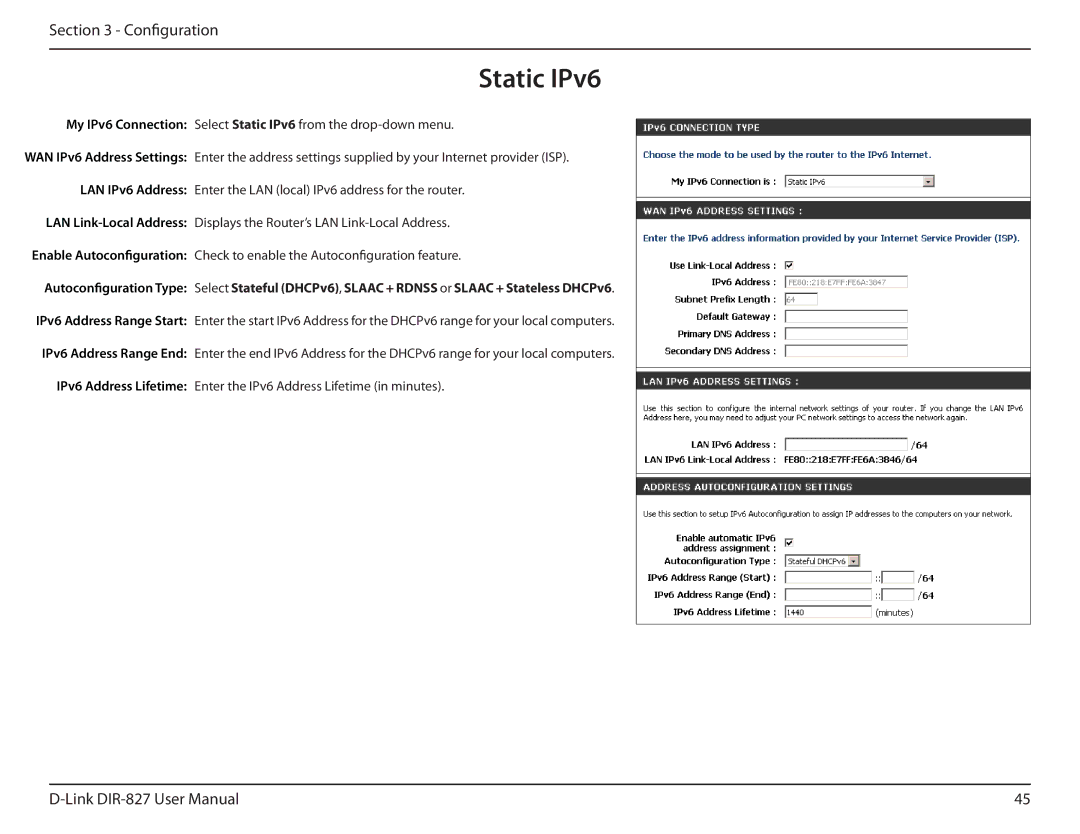 D-Link DIR-827 manual Static IPv6 