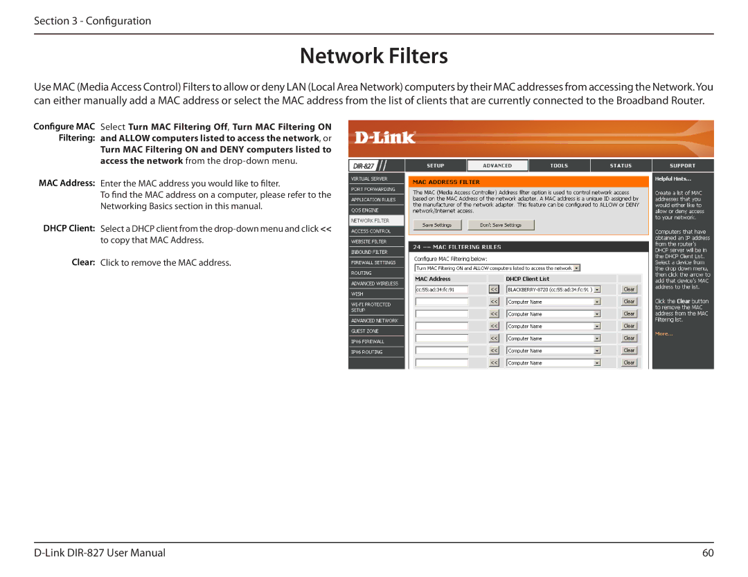 D-Link DIR-827 manual Network Filters, MAC Address Dhcp Client Clear 