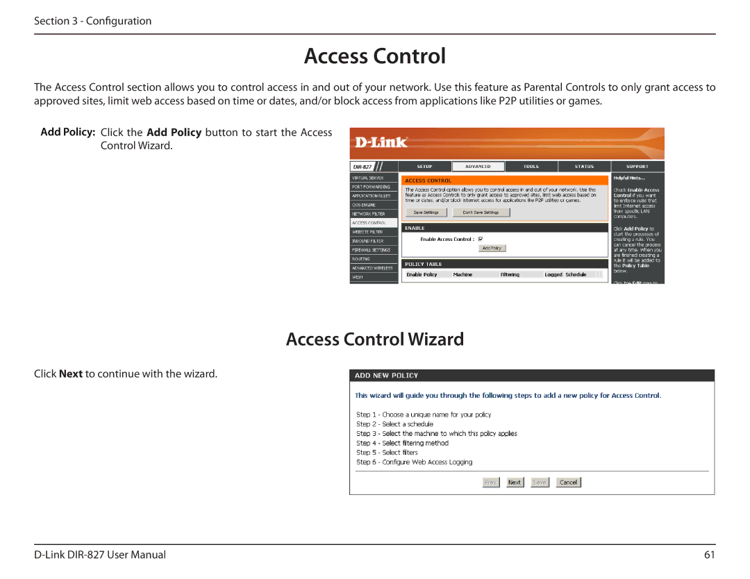 D-Link DIR-827 manual Access Control Wizard 