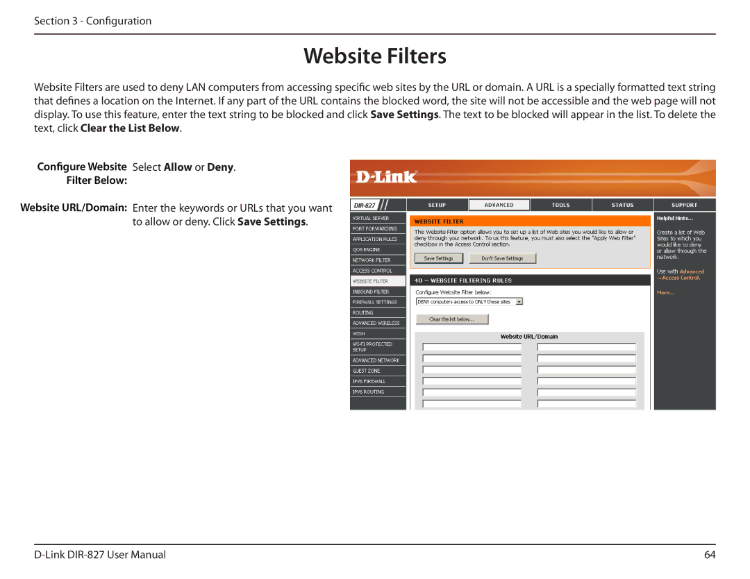 D-Link DIR-827 manual Website Filters, Configure Website Select Allow or Deny Filter Below 