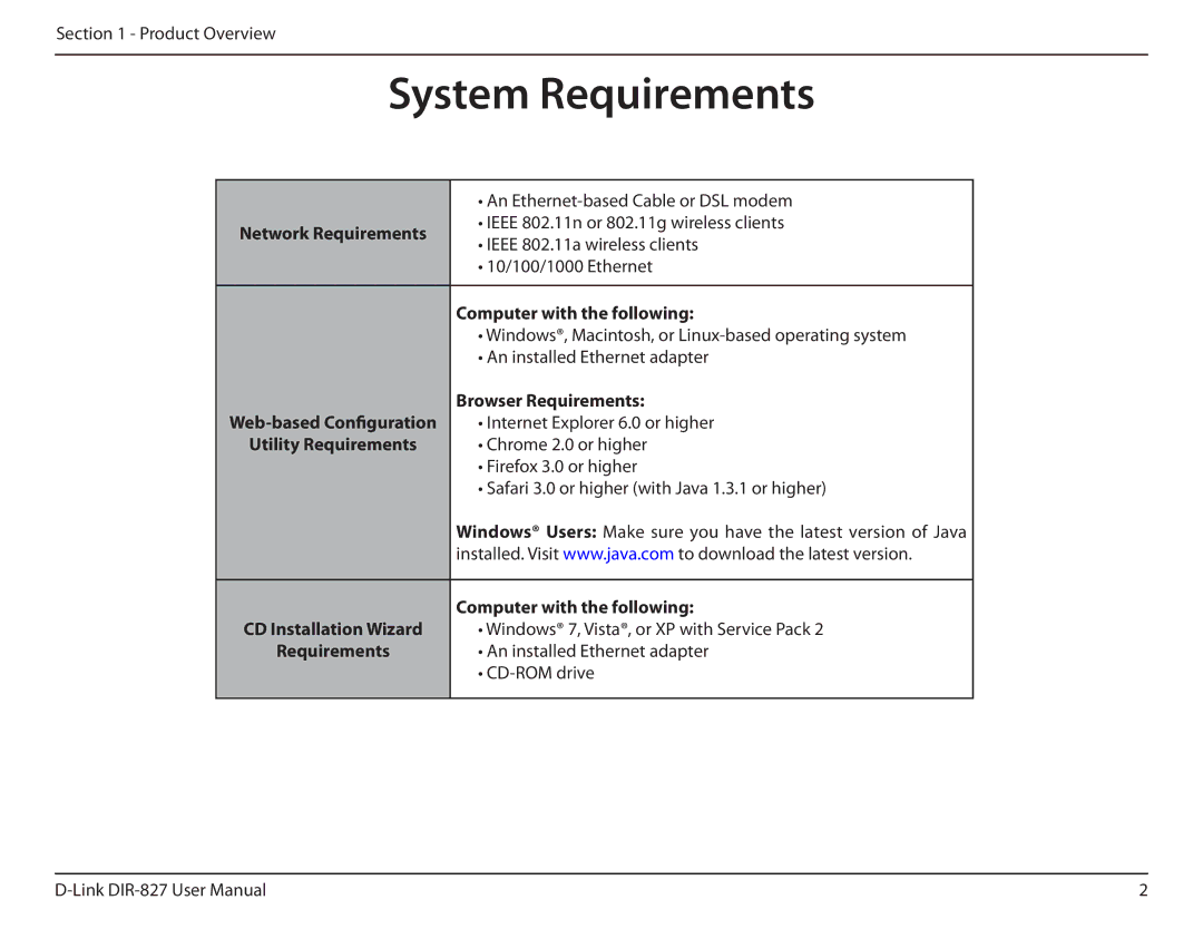 D-Link DIR-827 manual System Requirements, Computer with the following, Browser Requirements 