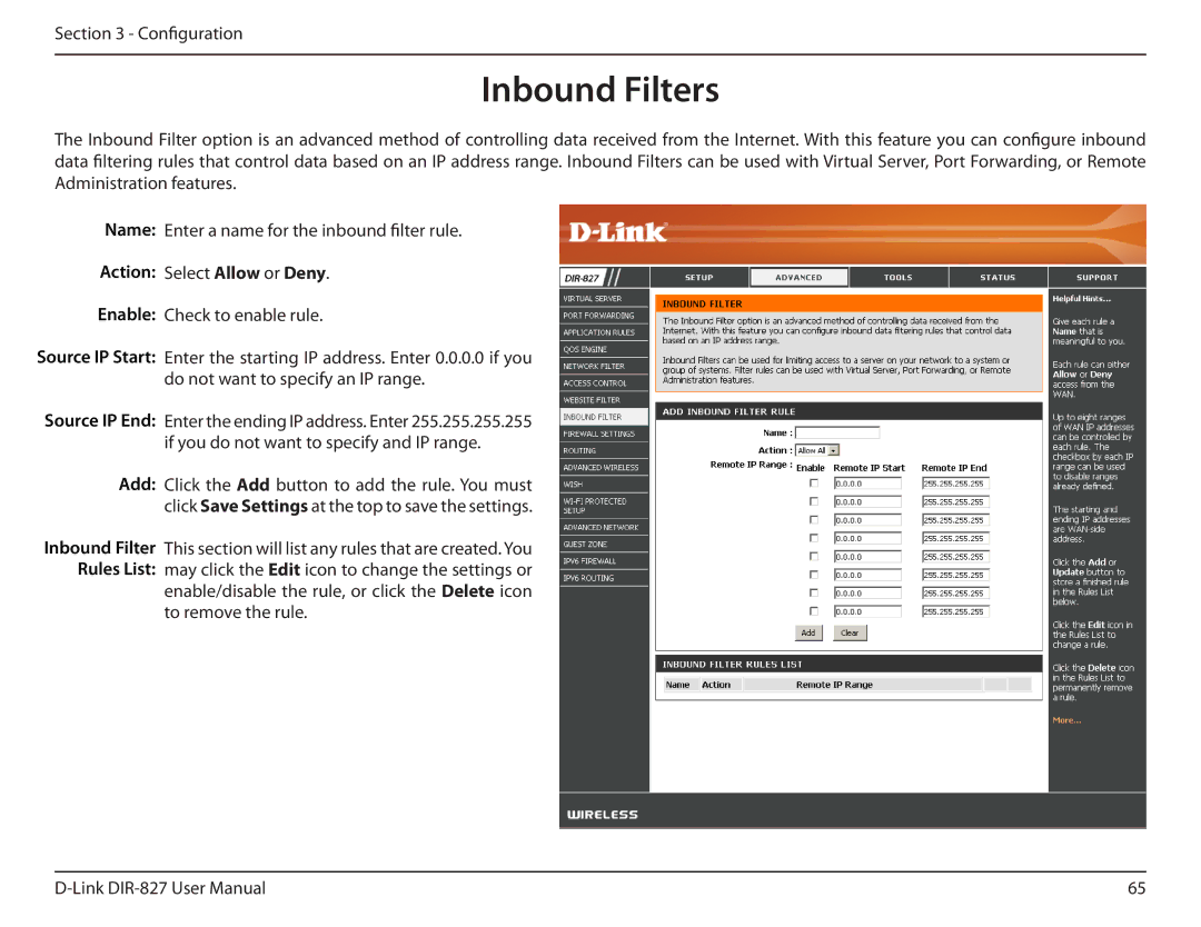 D-Link DIR-827 manual Inbound Filters, Action Select Allow or Deny 