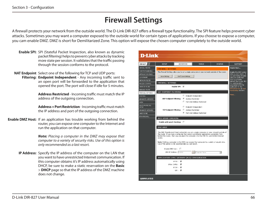 D-Link DIR-827 manual Firewall Settings 