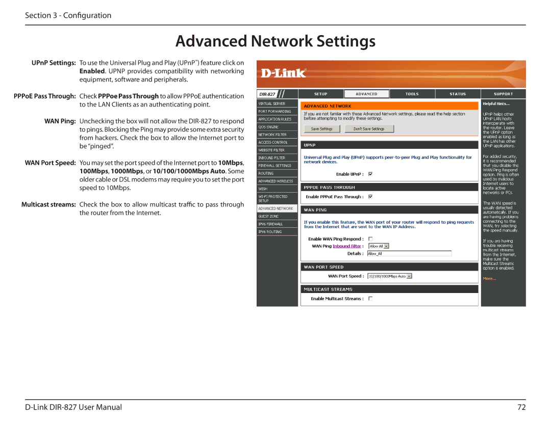 D-Link DIR-827 manual Advanced Network Settings 