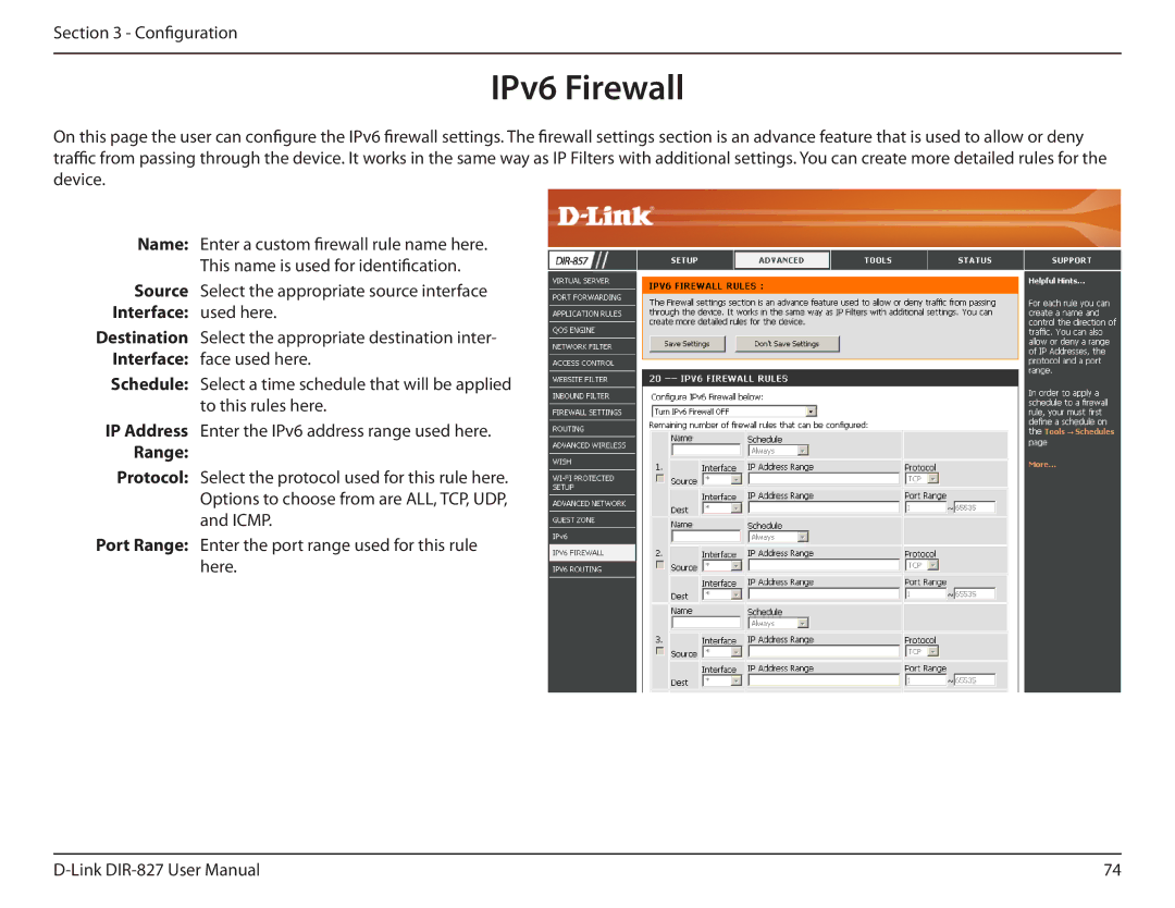 D-Link DIR-827 manual IPv6 Firewall, Range 