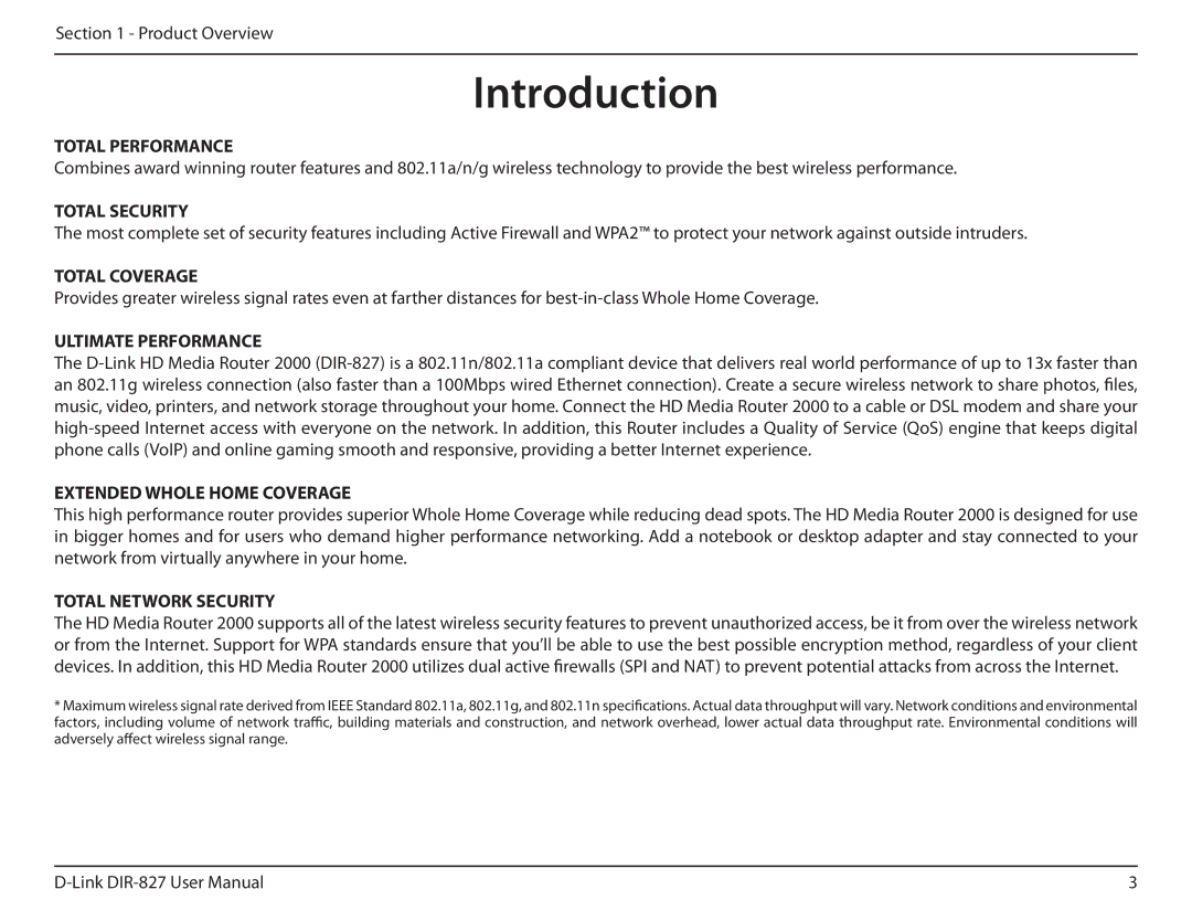 D-Link DIR-827 manual Introduction, Total Performance 