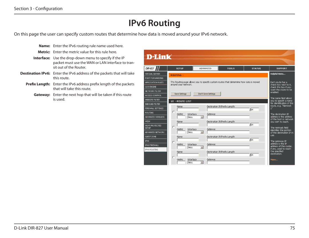 D-Link DIR-827 manual IPv6 Routing 