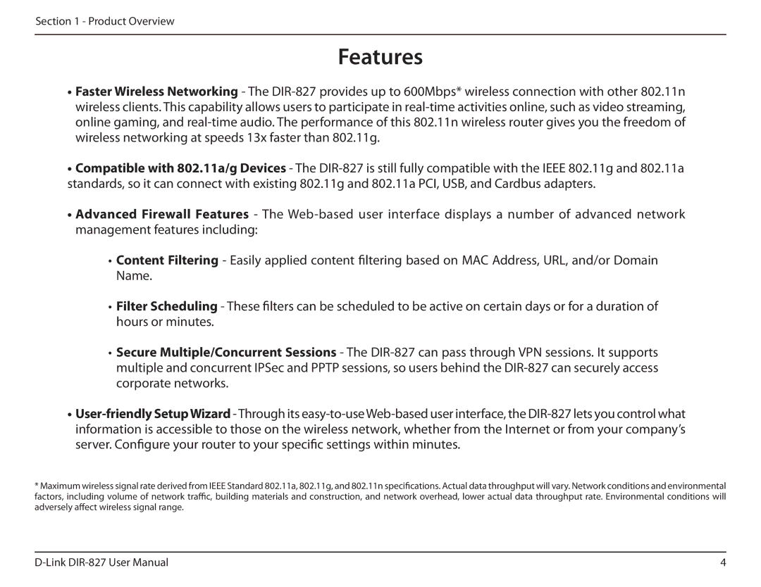 D-Link DIR-827 manual Features 