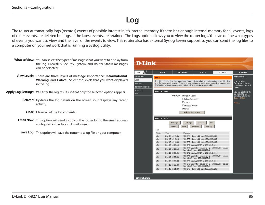 D-Link DIR-827 manual What to View View Levels, Clear Email Now Save Log 