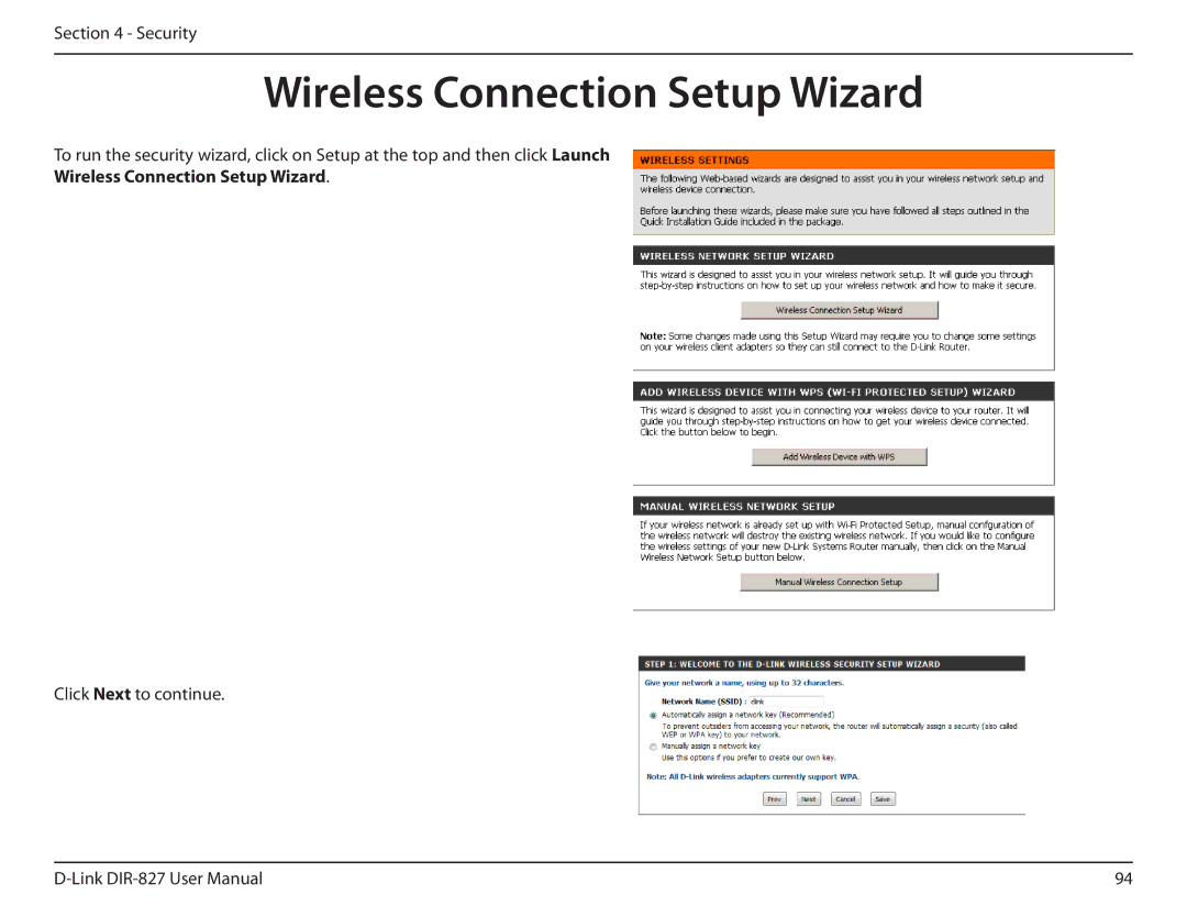 D-Link DIR-827 manual Wireless Connection Setup Wizard 