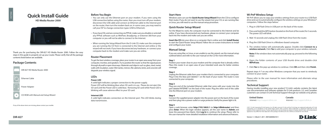 D-Link DIR-827 user manual Quick Install Guide, Package Contents, Before You Begin, Router Placement, LEDs, Start Here 