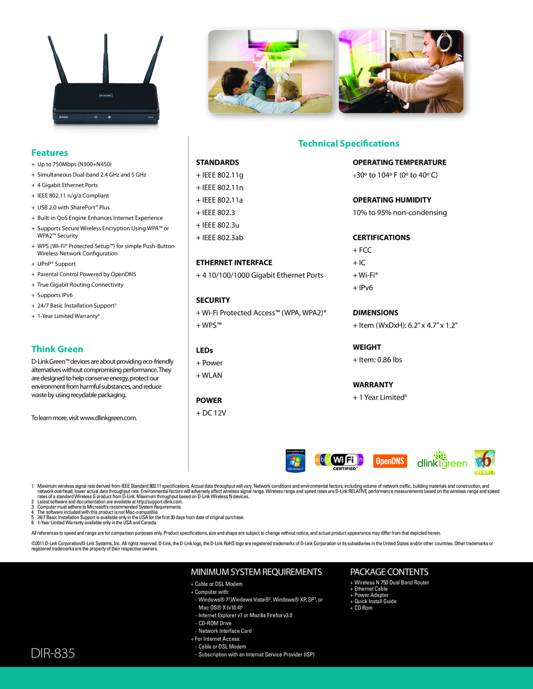 D-Link DIR-835 manual Features Technical Specifications, Think Green 