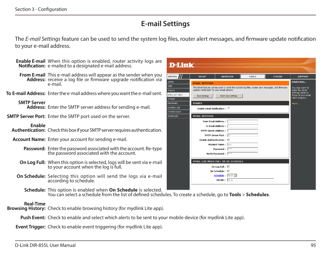 D-Link DIR855L manual Mail Settings, Smtp Server, Real-Time 