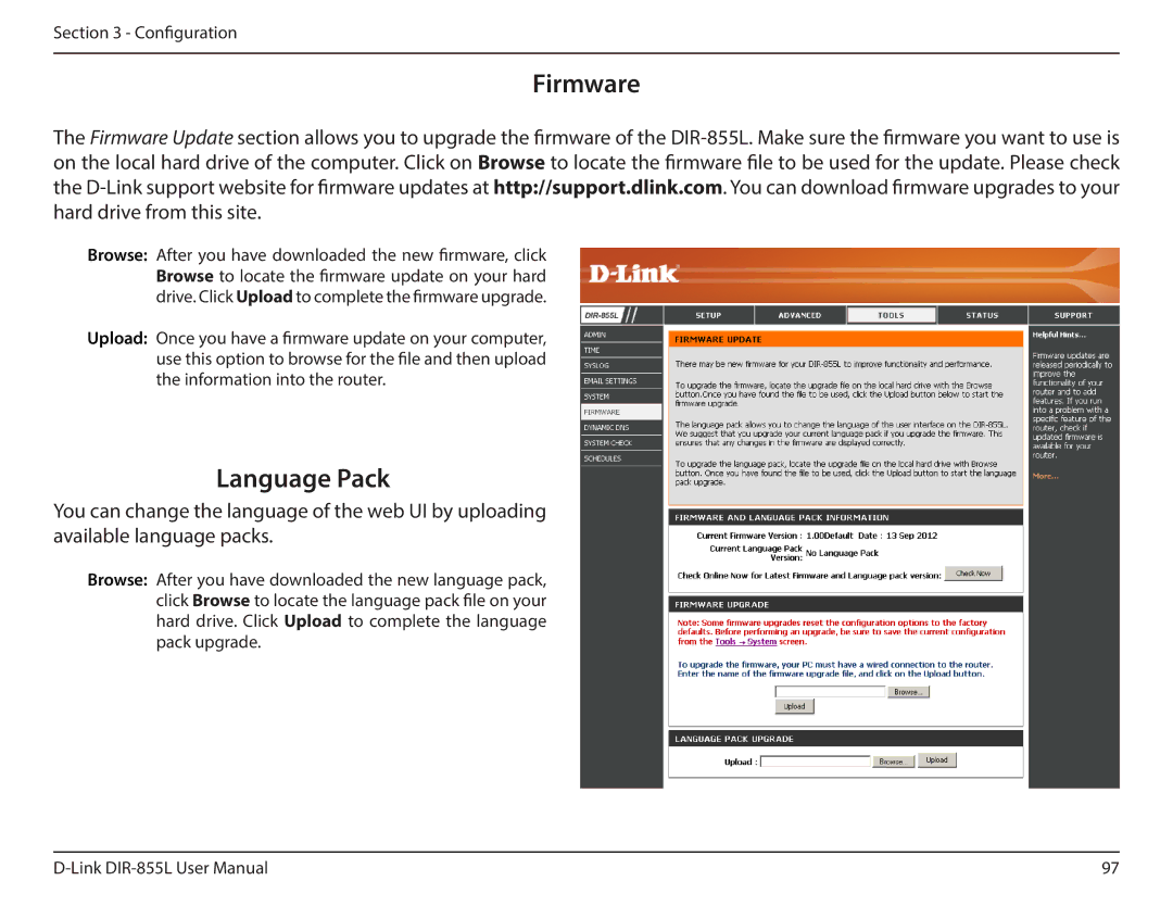 D-Link DIR855L manual Firmware, Language Pack 