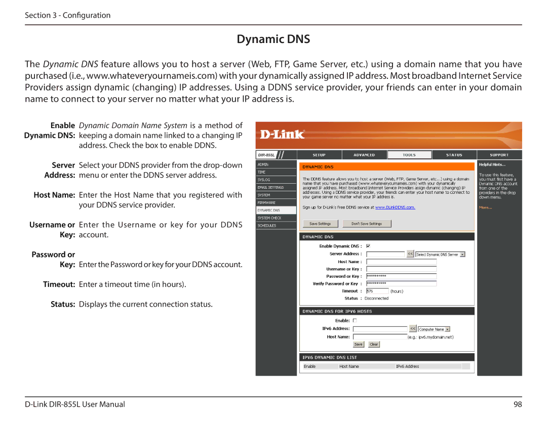 D-Link DIR855L manual Dynamic DNS, Password or 