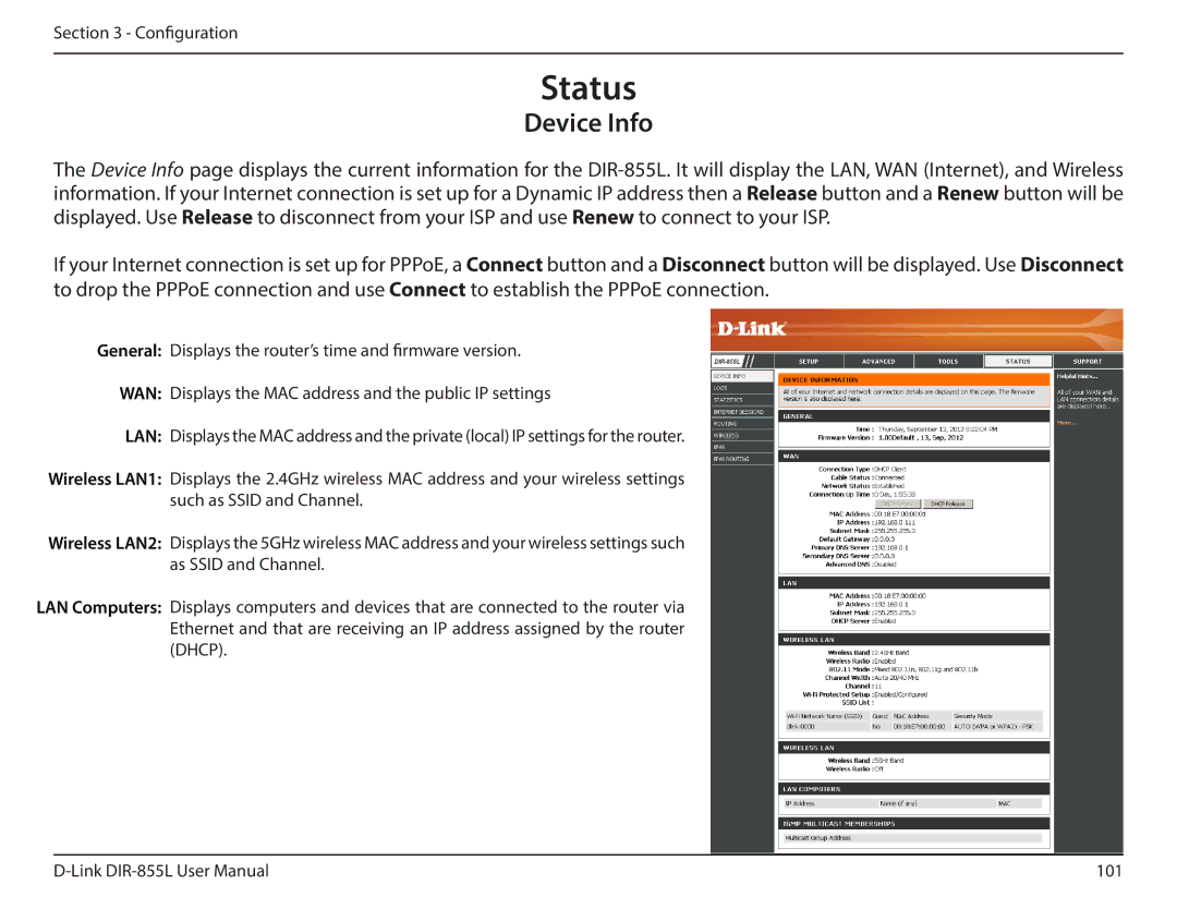 D-Link DIR855L manual Status, Device Info 