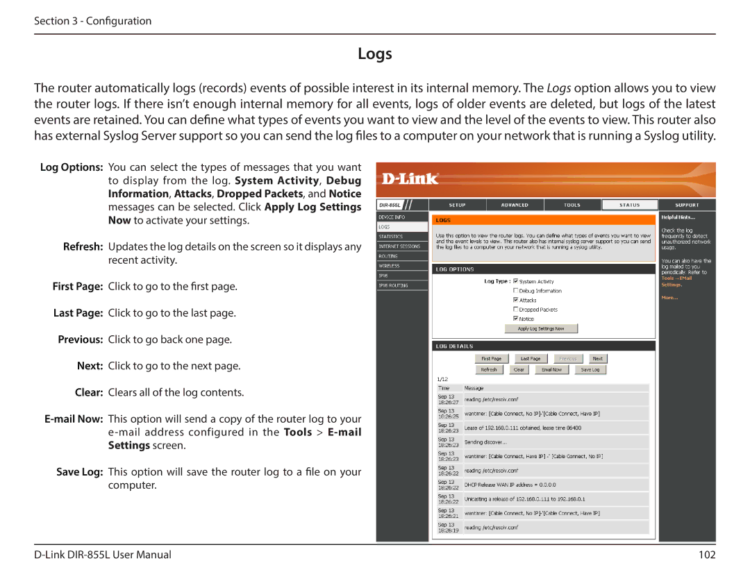 D-Link DIR855L manual Logs 