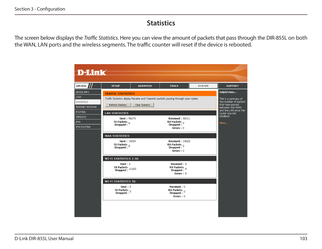 D-Link DIR855L manual Statistics 