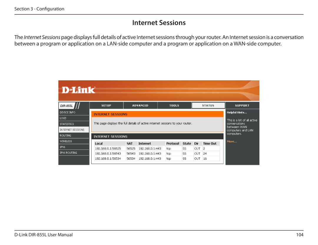 D-Link DIR855L manual Internet Sessions 