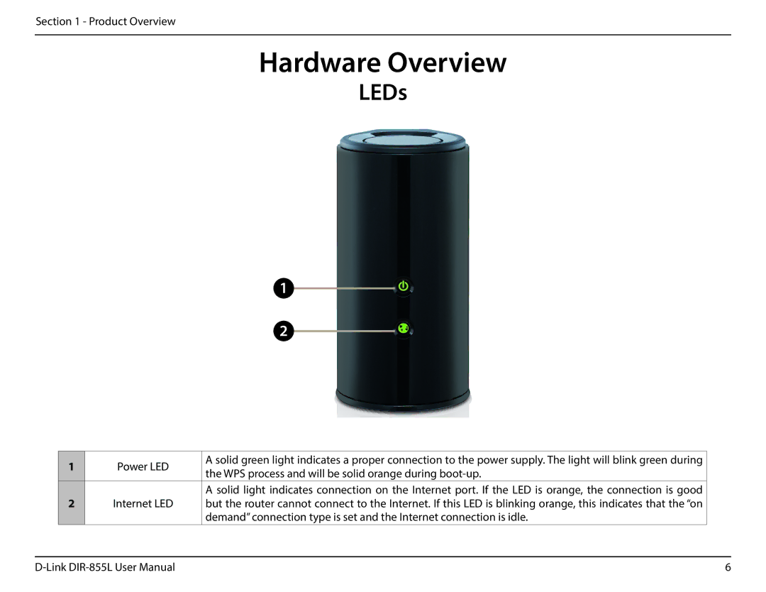 D-Link DIR855L manual LEDs, Power LED 