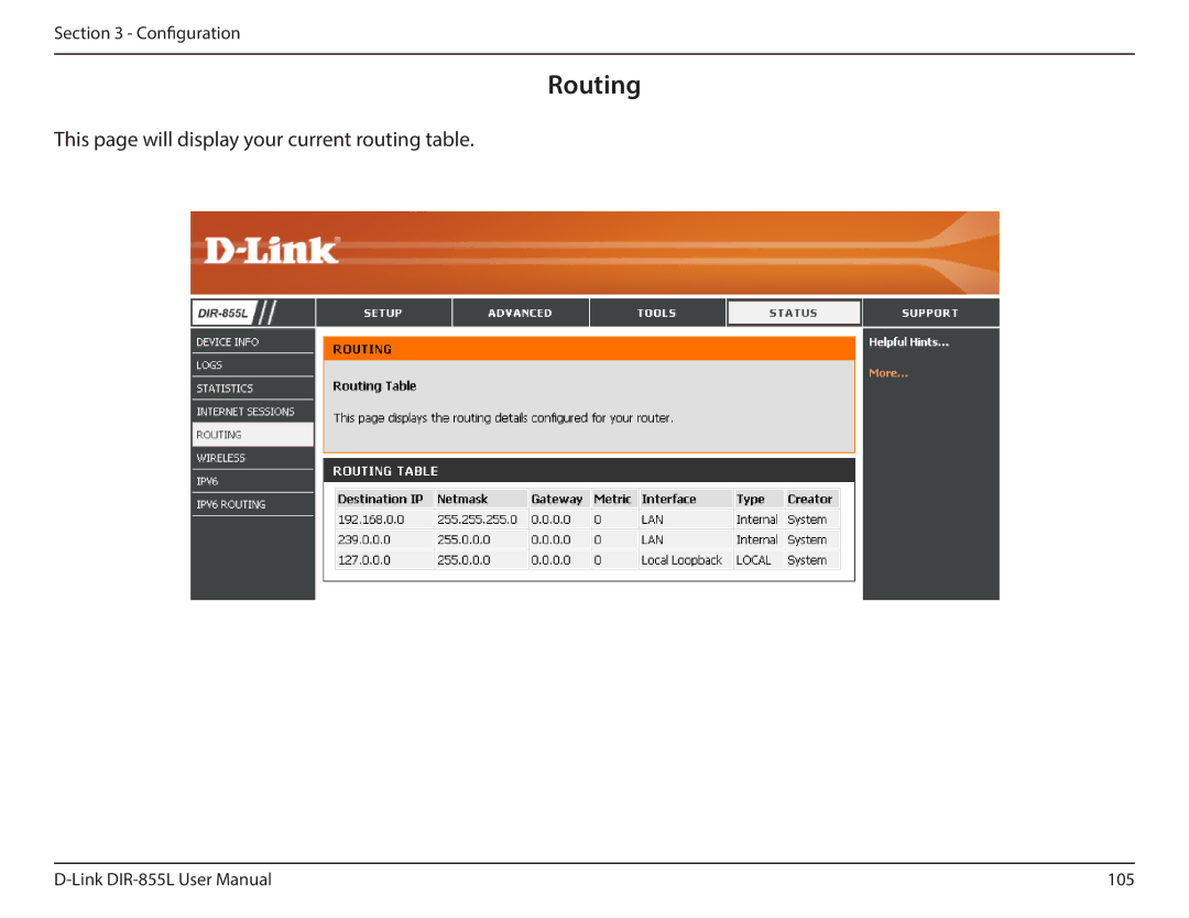 D-Link DIR855L manual This page will display your current routing table 