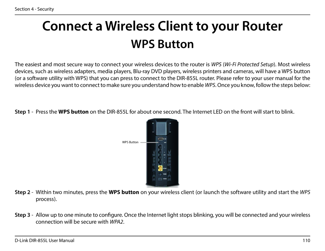 D-Link DIR855L manual Connect a Wireless Client to your Router, WPS Button 