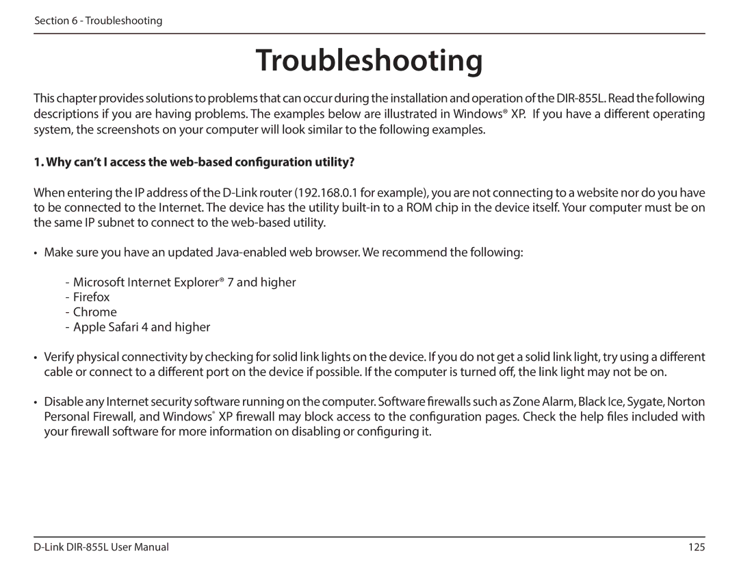 D-Link DIR855L manual Troubleshooting, Why can’t I access the web-based configuration utility? 