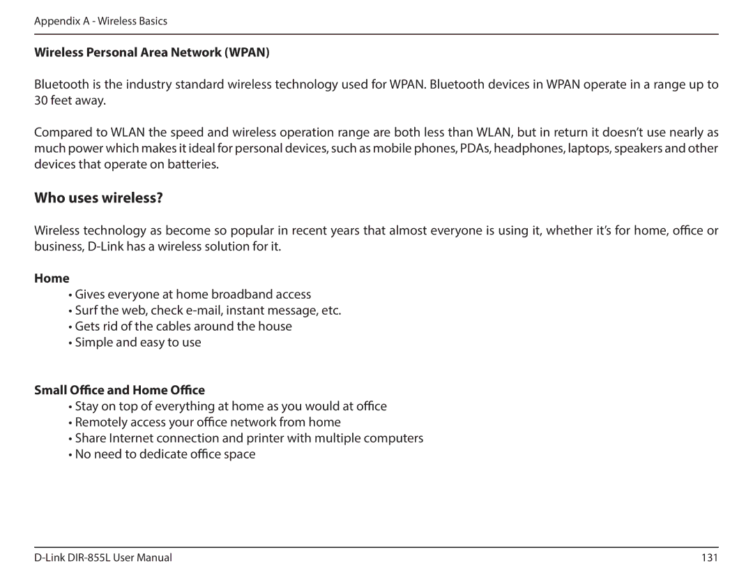 D-Link DIR855L manual Wireless Personal Area Network Wpan, Small Office and Home Office 
