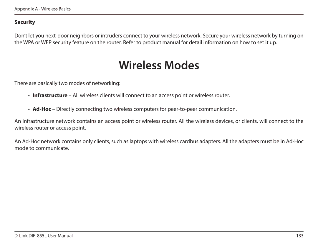 D-Link DIR855L manual Wireless Modes, Security 