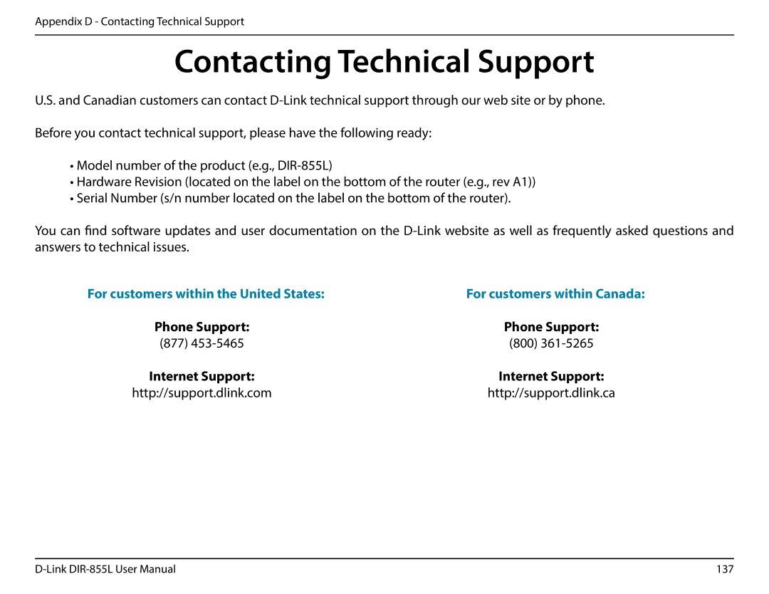 D-Link DIR855L manual Contacting Technical Support, For customers within the United States 