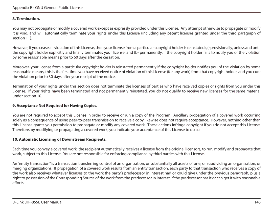 D-Link DIR855L manual Termination, Acceptance Not Required for Having Copies, Automatic Licensing of Downstream Recipients 