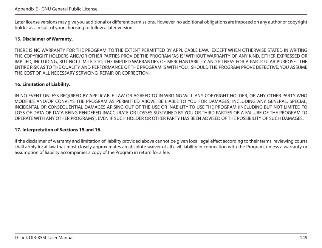 D-Link DIR855L manual Disclaimer of Warranty, Limitation of Liability, Interpretation of Sections 15 